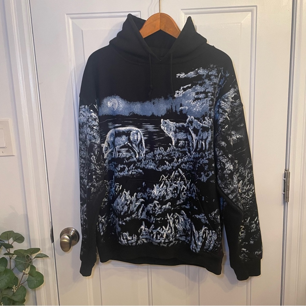 Vintage Black and Blue Nature Wolf Scene Hoodie